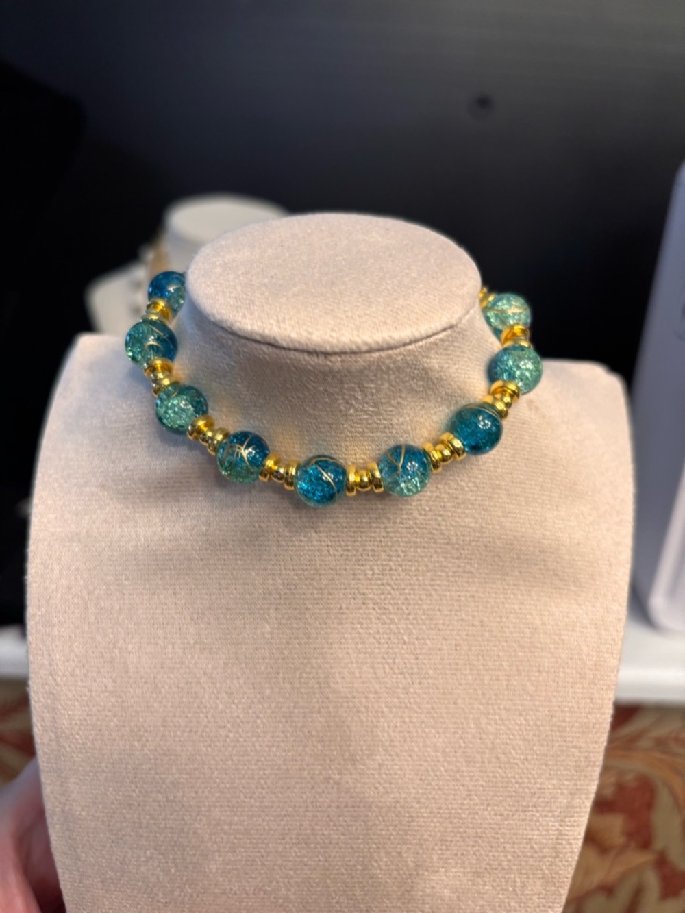 Gold and Teal crackled and splattered gold streaks Bead bracelet - Women Jewelry